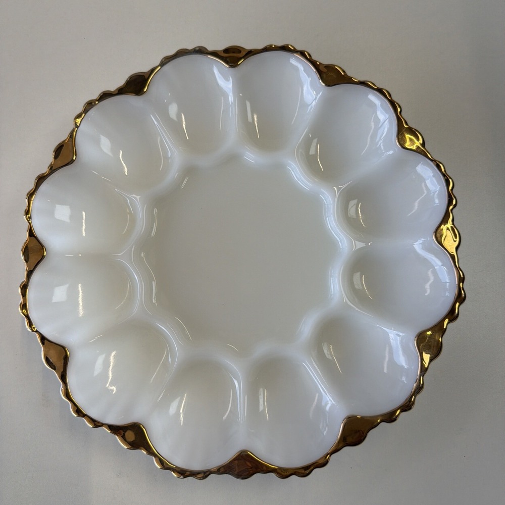Anchor Hocking Fire King Milk Glass Deviled Egg Plate W/22K Gold Trim 1950s VTG